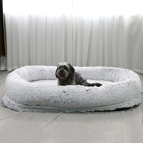 Hundebett in menschlicher Größe, flauschig, humanoid, Jumbo-Hundebett für Menschen, Donut, weich, luxuriös, mit Kissen und Decke, Grau, 6XL