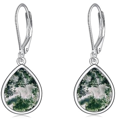 POPLYKE Moss Agate Earrings for Women Sterling Silver Teardrop Dangle Earrings Moss Agate Jewelry for Women (moss agate)