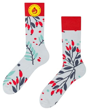 Dedoles Socken Unisex Damen Herren & Kinder Baumwolle viele lustige Designs 1 Paar Geschenk links rechts verschieden, Farbe Weiß, Motiv Hagebutten im Schnee Wärmesocken, Gr. 39-42
