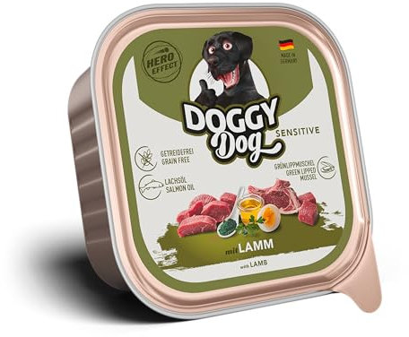 DOGGY Dog Paté Lamm Sensitive, 10 x 150 g, Nassfutter für Hunde, getreidefreies Hundefutter mit Lachsöl und Grünlippmuschel, besonders gut verträgliches Alleinfuttermittel, Made in Germany