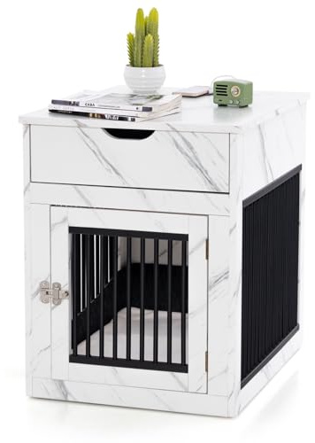 Maxmass Wooden Dog Crate, Furniture Style Puppy Kennel with Wired & Wireless Charging, Drawer and Removable Cushion, Pet Cage End Table for Indoors (64 x 50 x 63cm, White)