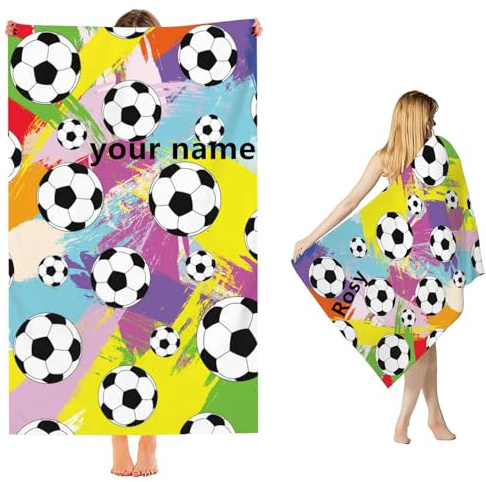 Fadaing Personalisiert Fußball Strandtuch Mit Namen, Fußball Handtuch mit Namen Badetuch für Jungen, Mikrofaser Fußball Strandtuch Groß 90x180cm Badetuch Handtuch (50 x 100 cm,1)