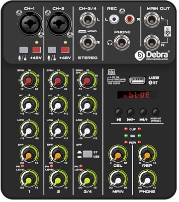 D Debra V4 - Mezclador de audio de 4 canales con MP3 USB Bluetooth, alimentación fantasma de 48 V, tablero de mezcla de sonido para vivo, boda, fiesta, grabación de transmisión (negro)