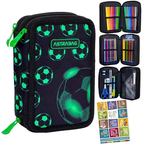 Goldkids - Federmäppchen 3 Fächer - Mäppchen für Jungen und Mädchen - Federmappe 3-Fach Federtasche Gefüllte Schüleretui 46-teilig - Schulmäppchen und Hausaufgabenheft - Fußball Motiv