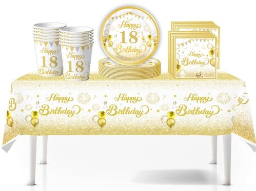 41Pcs White Gold Happy 18th Birthday Party Tableware Set Plastic Table Cloth,Paper Plates Napkins 18th Birthday Table Decorations Disposable Tableware Kit for Boy Girl 18th Birthday Decorations