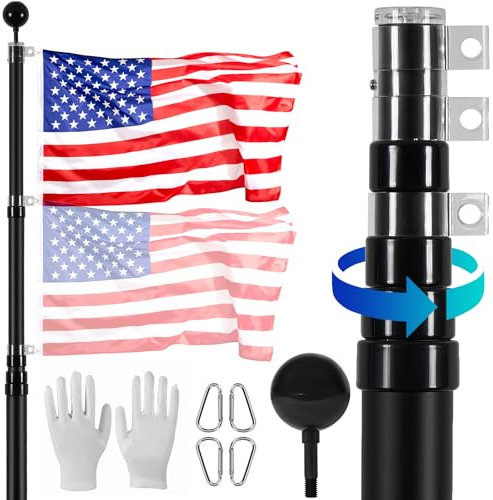 VEVOR Kit de Mástil de Bandera Telescópico de 609 cm Mástil de Bandera de Aleación de Aluminio Resistente en Suelo Mástil de Bandera de 3 Modos de Visualización con Accesorios Profesionales, Negro
