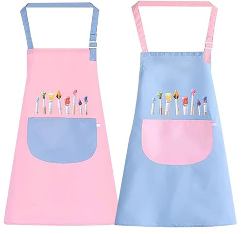 XSYKJGS Malschürze Kinder 2 Stück Schürze Kinder Schule, Verstellbare 6-10-12 Jahre Kochschürze Kinder Jungen Mädchen mit Taschen für Basteln Malen Backen Kochen(Blau und Rosa)