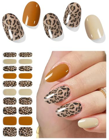 AutyaMee Semi Cured Gel Nail Strips (Chic Leopard), Brown, 20 Pcs Gel Nail Wraps, Stickers, UV Light Required, Salon Quality, Long Lasting