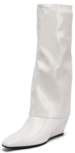 Donna Zeppa Stivali Alti Tacco Medio Stivali Appuntito Zip Stivali da Festa, D145350Jw Bianco Numero 43 EU/45Cn