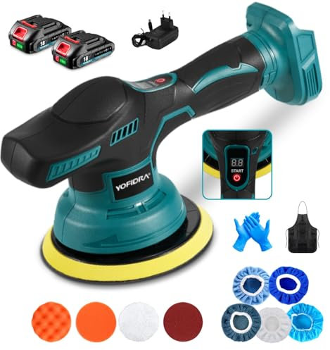 Akku Poliermaschine für Auto, 21V Exzenter Poliermaschine Auto, 8 Geschwindigkeit, 150mm Auto Polierset mit 2 x 2.0Ah Akkus, LCD Display, für Autopflege Polieren Wachsen Entfernen von Markierungen