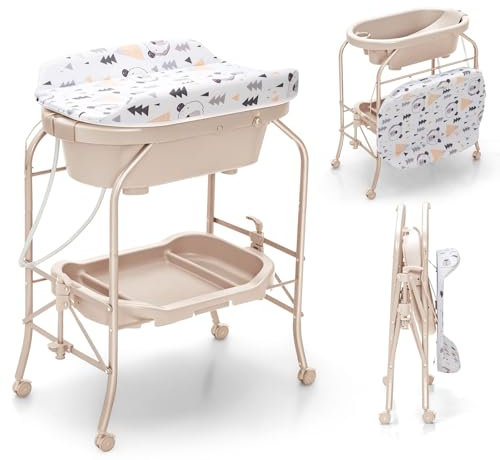 DREAMADE Baignoire Bebe avec Support Pliable,Baignoire Bébé sur Pied avec Table à Langer,4 Roues Universelles Verrouillables,Charge 35 KG (Beige)