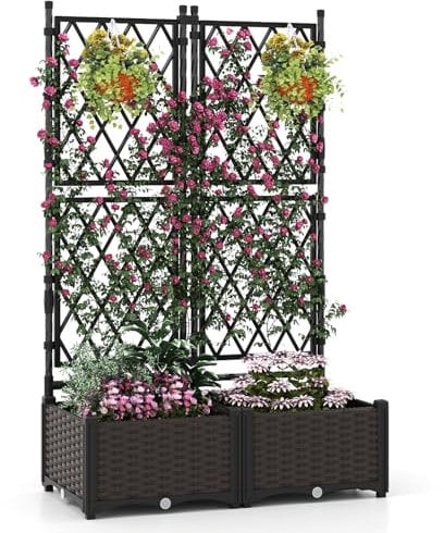 COSTWAY Garden Planter with Trellis, Weather-Resistant Trough Grow Box with Self-Watering Device and Drainage Holes, Indoor Outdoor Raised Garden Bed for Climbing Vine Plant (80 x 40 x 128 cm)