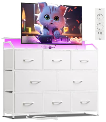 WLIVE Kommode mit Schubladen, komode Schlafzimmer mit 8 Stoffschubladen | Kommoden & Sideboards mit LED und Ladestation, Holzplatte und Stabiles Stahlgestell für Wohnzimmer, Weiß