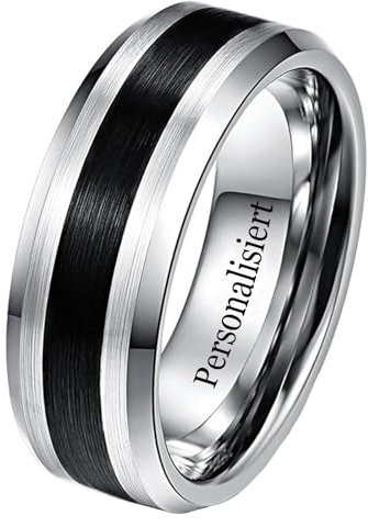NUNCAD Personalisiert Silber Ringe Herren Wolfram Ring 8mm Einfach Eheringe mit Schwarzer Gebürsteter Mitte Zweifarbiger Herrenring Abgeschrägte Kanten Größe 65(20.7)