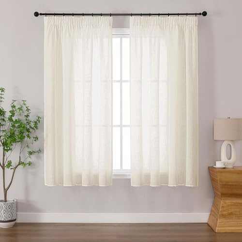 Simplebrand Gardinen Vorhänge Linen mit Kräuselband Vorhang Kurz Modern Leinenoptik Halbtransparent Kräuselbandvorhang für Küche Wohnzimmer Kinderzimmer Raumteiler 2er Set Linen Beige H 137 x B 140 CM