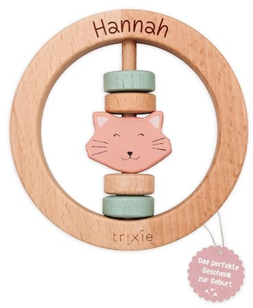 wunderwunsch Trixie Holzrassel personalisiert, Holz Rassel als Geschenk für Baby, Kleinkind, Geburt, Taufe graviert mit deinem Namen aus bestem Holz, auf Wunsch individualisert (Katze, ohne Name)