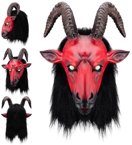 Obelunrp Ziegenmaske, Horror rote Ziegenmonstermasken mit Horn, gruselige Dämonenschafmaske für Halloween -Cosplay