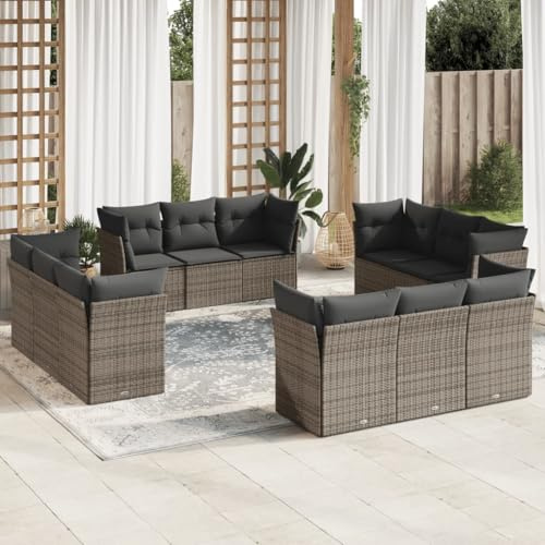 QJBSAVVA 12-TLG. Gartensofa-Set Grau Poly-Rattan Eck+Mittelsofa 179×62×69 cm Balkon Terrasse