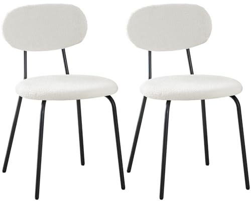 WAFTING Moderne Esszimmerstühle 2 Set, Stapelbare Küchenstuhl mit Teddybär-Stoffkissen und Metall-Stuhlbeine, für Esszimmer,Küchentisch, Schlafzimmer, Wohnzimmer-Weiß