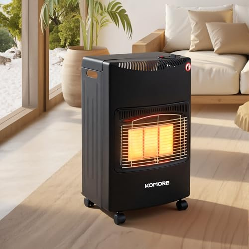 DKIEI Portable Gas Heater, 4.2KW 3 Heating Settings Calor Gas Heaters with Wheels, Hose and Regulator, Indoor Outdoor Butane Cabinet Heater for Home Office Camping Garage, 42 * 30 * 73cm, Black