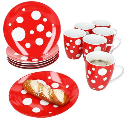MamboCat Pula rot 12tlg Frühstücksset I je 6X Gepunktete Kuchenteller & Kaffeebecher 300 ml aus Porzellan I 6 Personen I rotes Punkte-Dekor I für Frühstück & Kaffee
