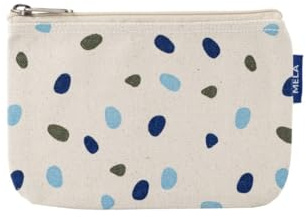 Kleine Kosmetiktasche aus Bio-Baumwolle – Kulturbeutel & Kosmetikbeutel, Make-Up Etui & Federtasche für Damen, Herren & Kinder, kompakt, vegan, mit Muster (Greige/Blue Dots Print)