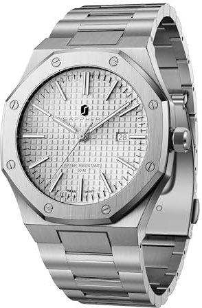 SAPPHERO Uhren Herren Quarzwerk Silber Edelstahl Armband 50M Wasserdicht Datum Kalender Schwarz Blau Herrenuhren Armbanduhr Geschenke für Männer