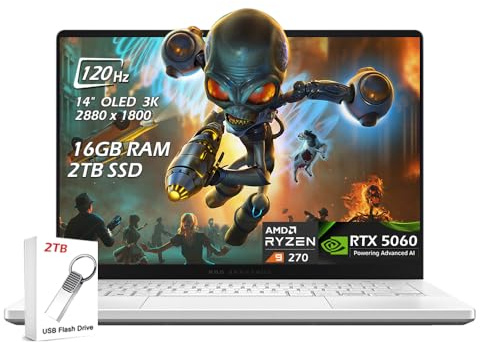 ASUS ROG Zephyrus G14 14 OLED 3K 120Hz Gaming Laptop - AMD Ryzen 9 270 - GeForce RTX 5060 - Wi-Fi7 Bluetooth BacklitKB Win11 (16GB RAM | 2TB PCIe SSD) - Platinum White - w/2TB USB Drive - W/GaLiMu