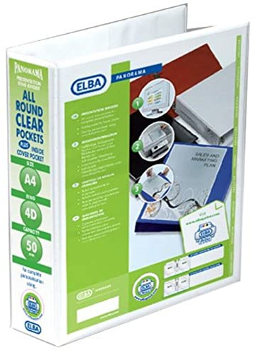 Elba Panorama Presentation Binder PVC 3 Cover Pockets 4 D-Ring 50mm A4 White Ref 128907 [Pack of 10]