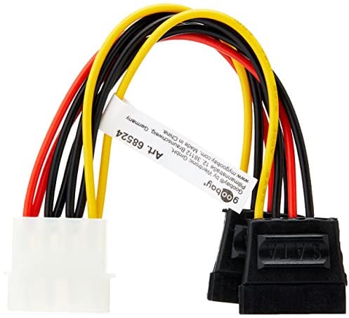 Goobay 68524 PC Y Stromkabel/Stromadapter; 5.25 Stecker zu 2x SATA, HDD / 5,25 Zoll-Stecker (4-Pin) > 2x SATA-Standard Stecker