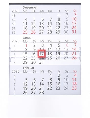 3-Monatstischaufstellkalender Kunststoff, mit Datumsschieber, Kalendarium deutsch für zwei Jahre, 2-farbiger Druck, Größe: 13,0cm x 16,0cm