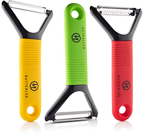 Vegetable Peeler Trio Set by BUTTERLEE. Potato, Apple, Fruit, Kiwi, Carrot, Veggie Y-Shaped Stainless Steel Swivel, Serrated, Julienne, Garnish peelers with Non-Slip Comfortable Grip Handle, Set of 3