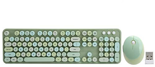 Set aus kabelloser Tastatur und Maus, leise, langlebig, ergonomisch, leise, diskret, 104 Tasten im Retro-Stil, abgerundet, mit USB-Empfänger, Pastellgrün, für XP/Win7/Win8/Win10
