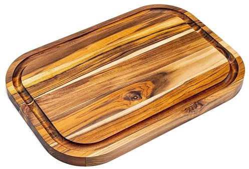 Erreke Schneidebrett Holz mit Auffangschale Natur-Teakholz 40cm Lang Dicke 2.4 cm Holzbrett Küche zum Servieren Käse und Brot Hackbretter 40x28x2.4 cm (Saftrille)