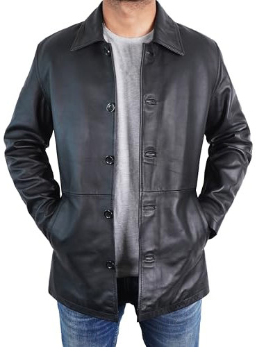 STOREJEES Klassischer Wintermantel für Herren, Leder, 3/4-Länge, schwarz, lange Jacke aus echtem Lammfell, Automantel – Schwarz, XS