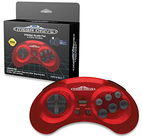 Retro-Bit Sega Mega Drive 2.4 GHz Wireless Controller 8-Button Arcade Pad for Sega Genesis Original/Mini, Switch, PC, Mac – Includes 2 Receivers & Storage Case (Crimson Red) - - Nintendo Switch