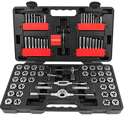 TOMMARS 75-teiliges SAE & metrisches Gewindebohrer und Schneideisen Set zum Gewinde und Nachfädeln von Innen- und Außengewinde M3 bis M12 und 4-40 bis 1/2-20