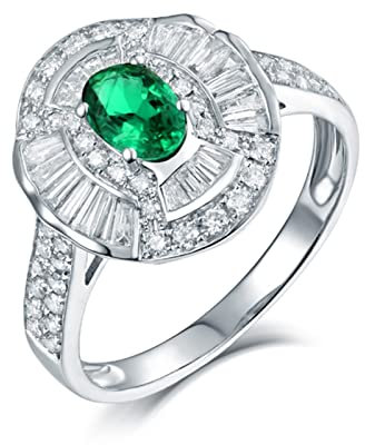 Vintage Ringe Damen, Engagement Ring Weißes Gold Ovaler Smaragd mit 4 Krappen, 0,5 Ct, Im Ovalschliff, mit 0,95 ct Diamant Ringe Größe 54 (17.2)