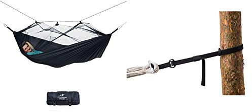 AMAZONAS Ultra-Light Hängematte Moskito Traveller EXTREME 500g 275cm x 140cm, in Schwarz & T-Strap Aufhänge Set für alle Hängematten baumschonend 15-220 cm und bis 200 kg pro Aufhäung