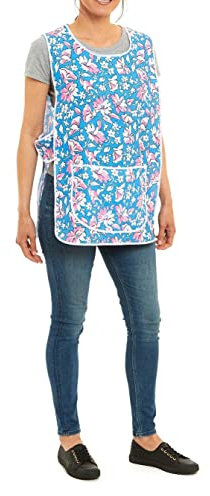 ER Direct Womens Home Work Kitchen Catering Cleaning Bar Plus Size Plain Printed Coloured Large Pocket Side Fastening Tabard Apron (Floral - Blue, M)