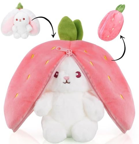 Ylinwtech 1 Stück Stofftier Plüsch Hasen Versteckspiel, Plush Hasen Erdbeeren,Hase Plüschtier Verstecken Rosa