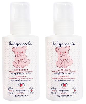Babykuschel-Set, 2 Stück, flüssiger Talkumpuder, kein Talkum, verhindert Windelrötungen, trocknet und erfrischt die Haut nach dem Baden, reguliert natürlich das Schwitzen. 2 x 125 ml