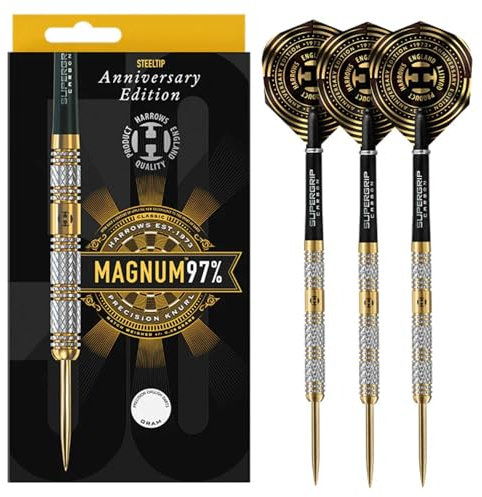 Harrows Magnum 97% Tungsten Steel Tip Darts Set | Erhältlich in 21g, 23g & 25g | Inklusive Midi Supergrip Carbon Schäfte & Neue Anniversary 100 Mikron Flights (25g)