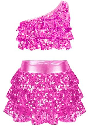 ranrann Enfant Fille Ensemble Danse Moderne Jazz Brillant Tenue Patinage Artistique Paillette Haut Gymnastique Jupe Gym Costume Spectacle 4-16 Ans Rose 7-8 Ans