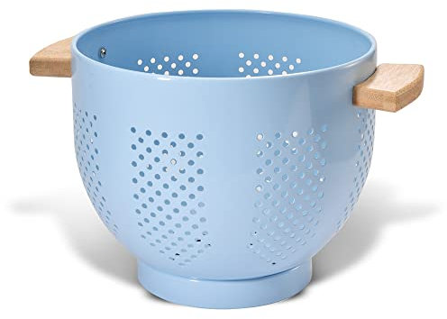 beifeier Metal Colander with Wooden Handle and Sturdy Base, 5.5 Quart Large Strainer for Pasta Vegetable Fruit, Durable Kitchen Utensil (Blue)