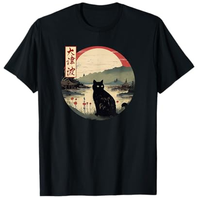 Japanischer roter Sonnenuntergang und Schwarze Katze Kanji Japan Kunst T-Shirt