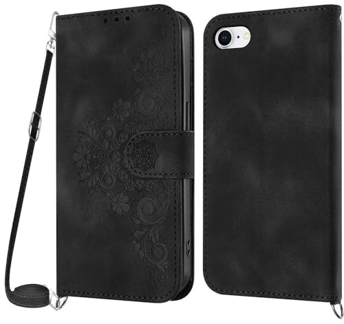 Netany Lanyard Case for iPhone SE 2020 / iPhone SE 2022/iPhone 8 / iPhone 7, PU Leather Wallet Phone Case with Adjustable Crossbody Lanyard Strap, Card Holder Magnetic Flip Folio Case Cover (Black)