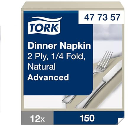 Tork Dinnerservietten Natur, 1/4-Falz, 2-lagig, 19,75 × 19,5 cm, 12 × 150 Servietten, 477357