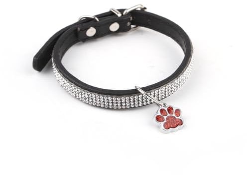 Rhinestone Pet Collar with Paws Leather Sparkly Crystal Diamonds Studded PU Leather Rhinestone Pet Dog Cat Collars for Teacup Chihuahua Yorkie Costume Accessories