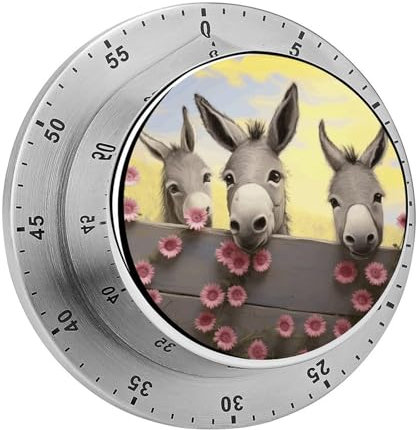 Timer, visueller Timer mit Esel- und Blumendruck, mechanischer Küchentimer, Edelstahl, Countdown-Timer, 60-Minuten-Aufzieh-Timer